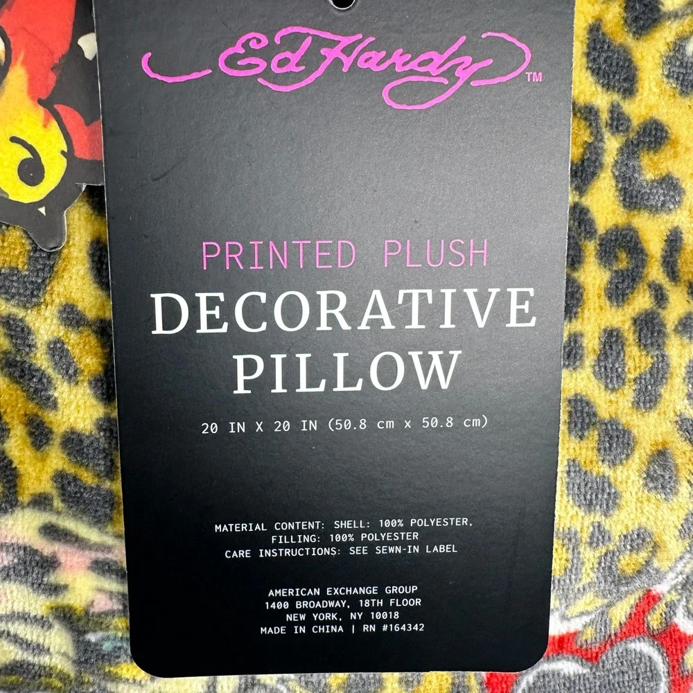 Ed Hardy Decorative Pillow 20x20 Leopard Tiger Tattoo Print Plush Yellow NEW